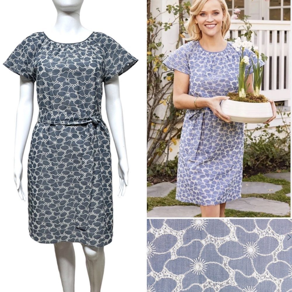 DRAPER JAMES Chambray Tie Waist Embroidered Floral Popover Shift Dress XS